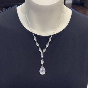 Sterling Silver Teardrop Cubic Zirconia Y-Style Necklace - Silver